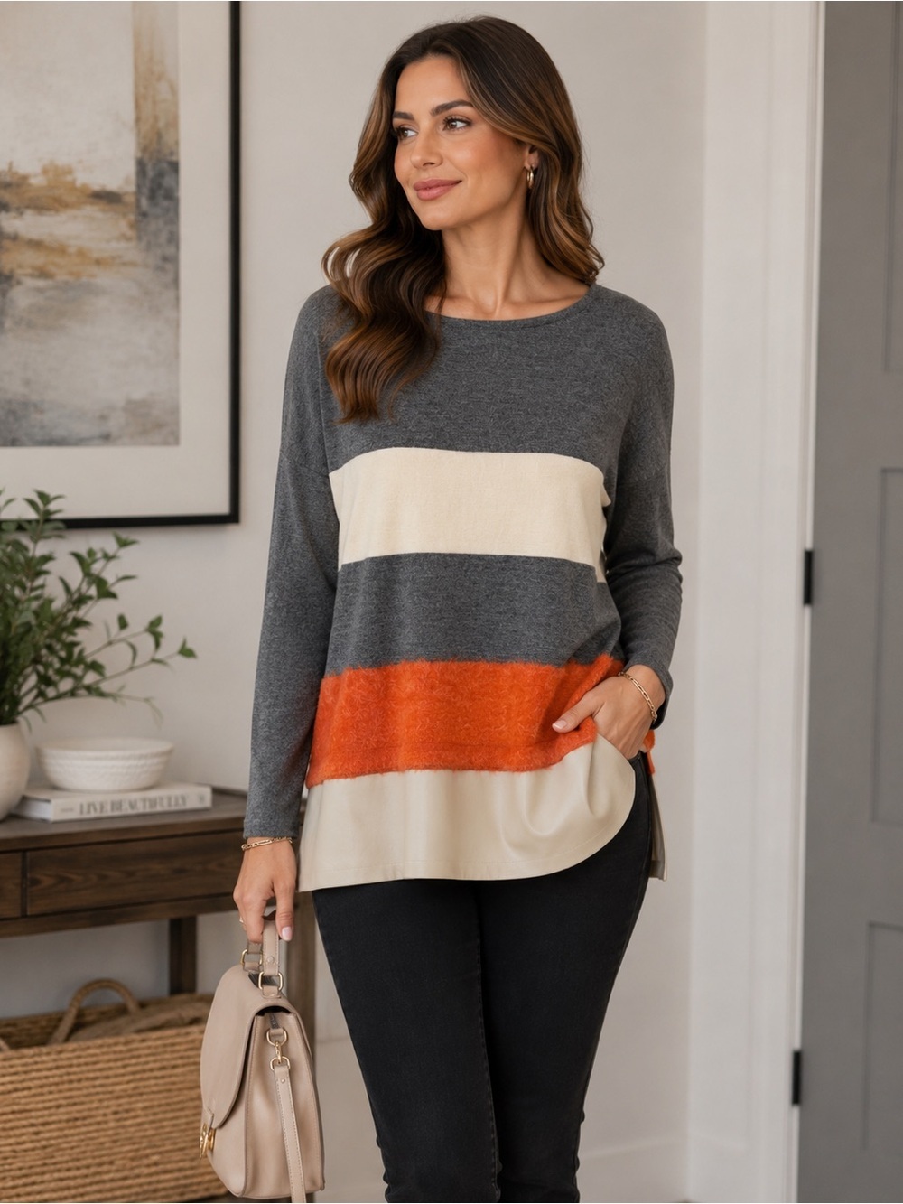 Lafayette 148 New York ColorBlock Needlepunch Faux Vegan Leather Medium Large